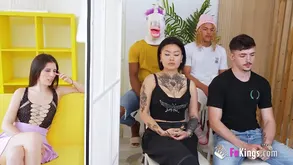 Delicious blonde in a steamy interracial orgy sex party